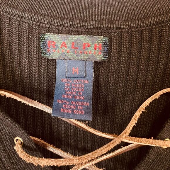 Ralph Ralph Lauren Ribbed V Neck Long Sleeve Sweater with Lace Up Detail - Picture 3 of 11